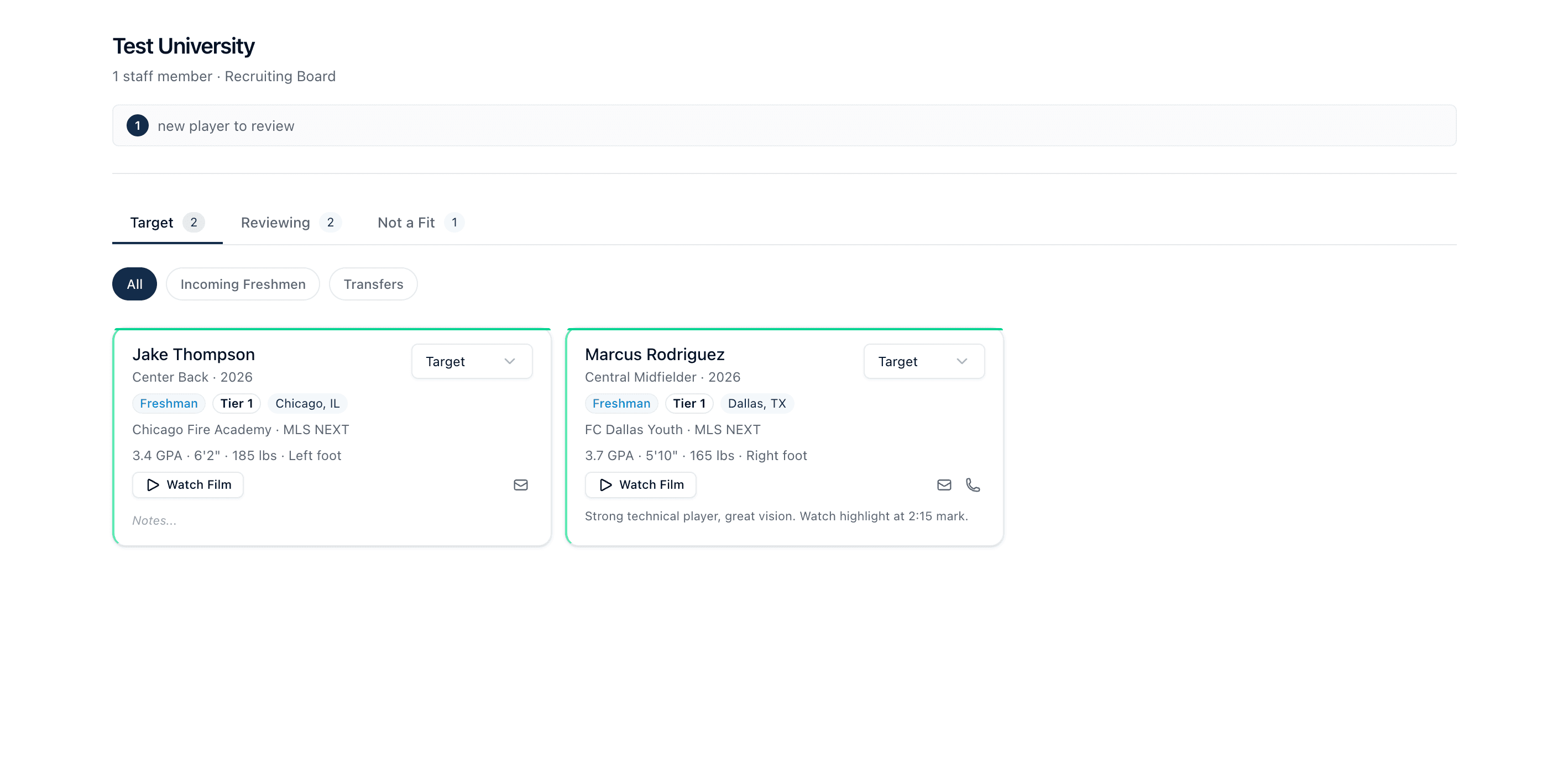 Northcore dashboard showing a college recruiting board with player cards